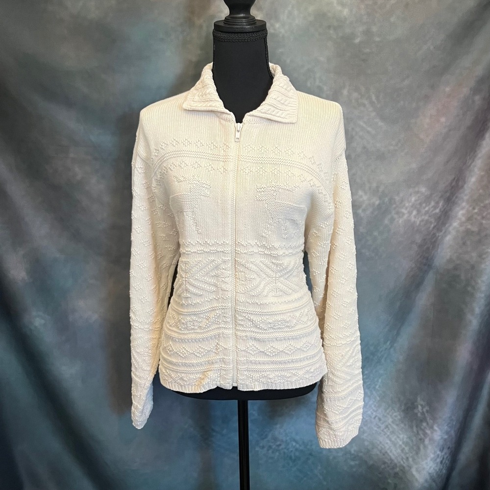 Talbots Womens Cream Fair Isle Reindeer Geometric Zip Up Sweater‎ Size Large
